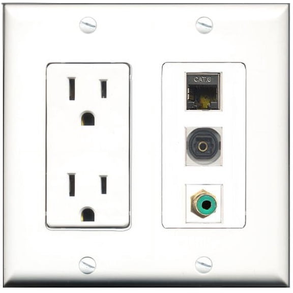 RiteAV - 15 Amp Power Outlet 1 Port RCA Green 1 Port Shielded Cat6 Ethernet Ethernet 1 Port Toslink Decorative Wall Plate