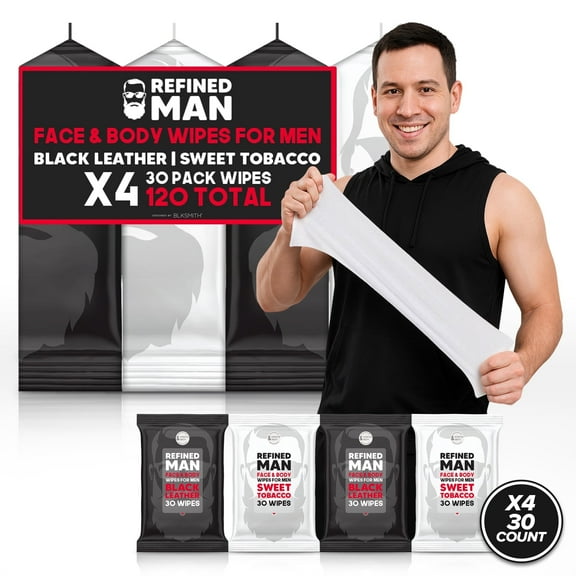 BLKSMITH Face Body Wipes for Men 120 Total (4 Packs 30 Wipes) Travel Cleansing Wet Wipes