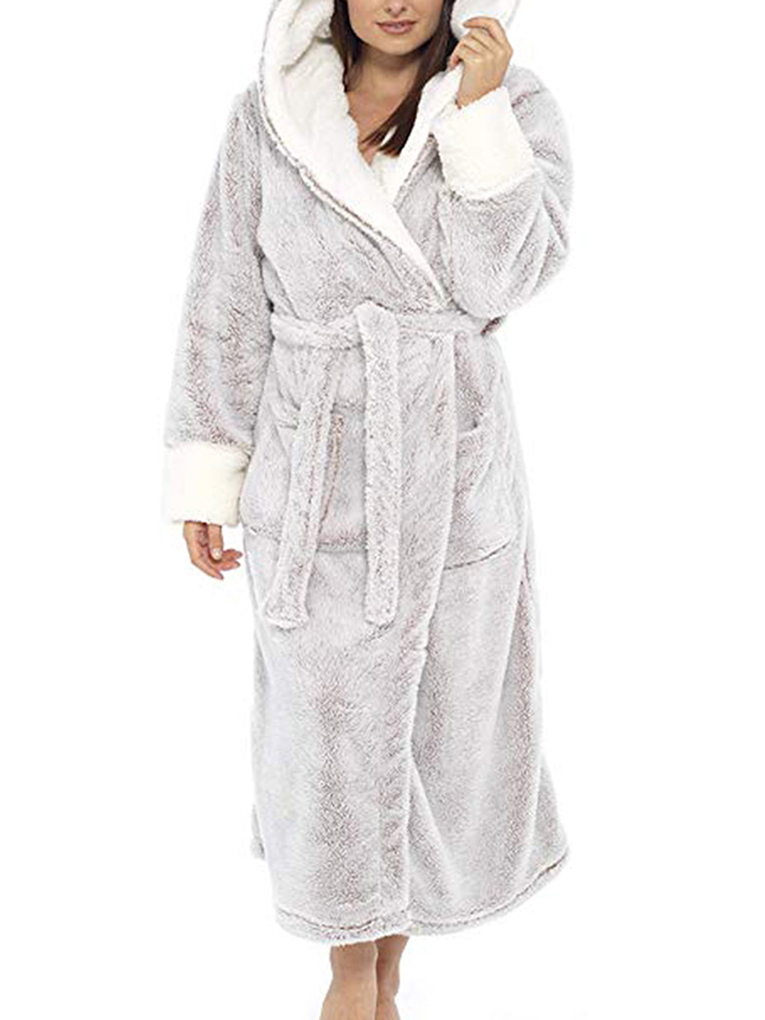 Wodstyle Womens Plus Size Fleece Fluffy Dressing Gown Hooded Bath Robe Warm Nightwear 