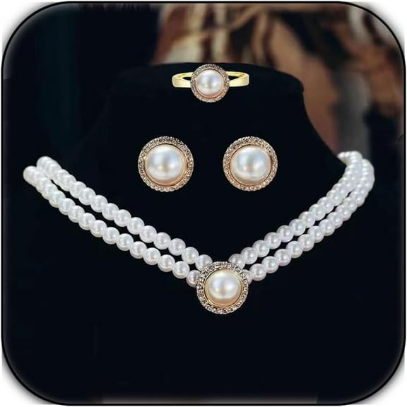 Pearl Jewelry Set for Women Elegant Pearl Necklace Pearl Stud Earrings Pearl Rings Pearl Bracelet Prom Party Jewelry