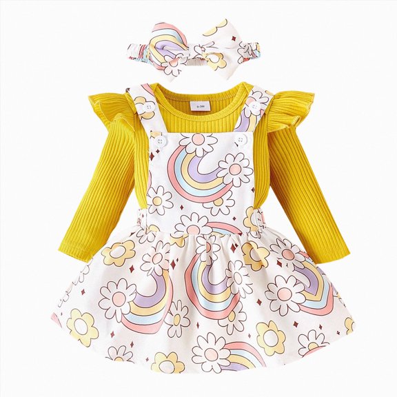 CAICJ98 Baby Girl Clothes Fall Winter Outfit Long Sleeve Ruffle Romper Cute Print Skirt Bow Headband 3 Pcs Set,Size 0-3 Months