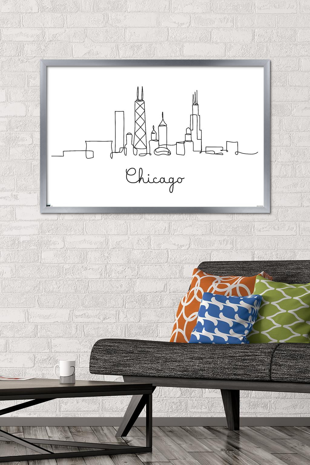 Line Art Skyline - Chicago Wall Poster, 22.375" x 34", Framed