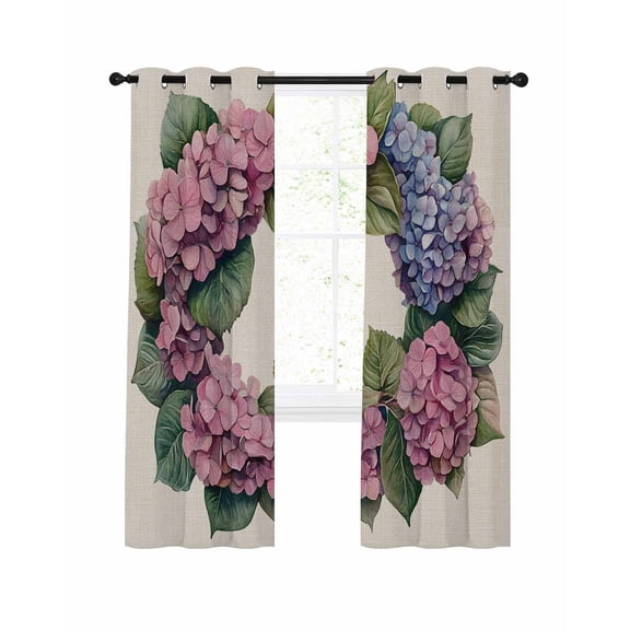 Pink Hydrangea Blackout Curtains 45 Inch Length Spring Wreath Thermal Insulated Window Curtain Window Drapes 2 Panels for Bedroom Living Room 52"Wx45"L