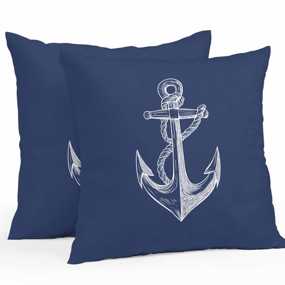 Throw Pillow Covers 16x16 Inch Set of 2, Nautical Anchor Waterproof Outdoor Pillow Covers, Navy Blue Coastal Marine Minimalist Rope Decorative Cushion Pillowcases for Couch, Sofa, Bed, Garden, Patio