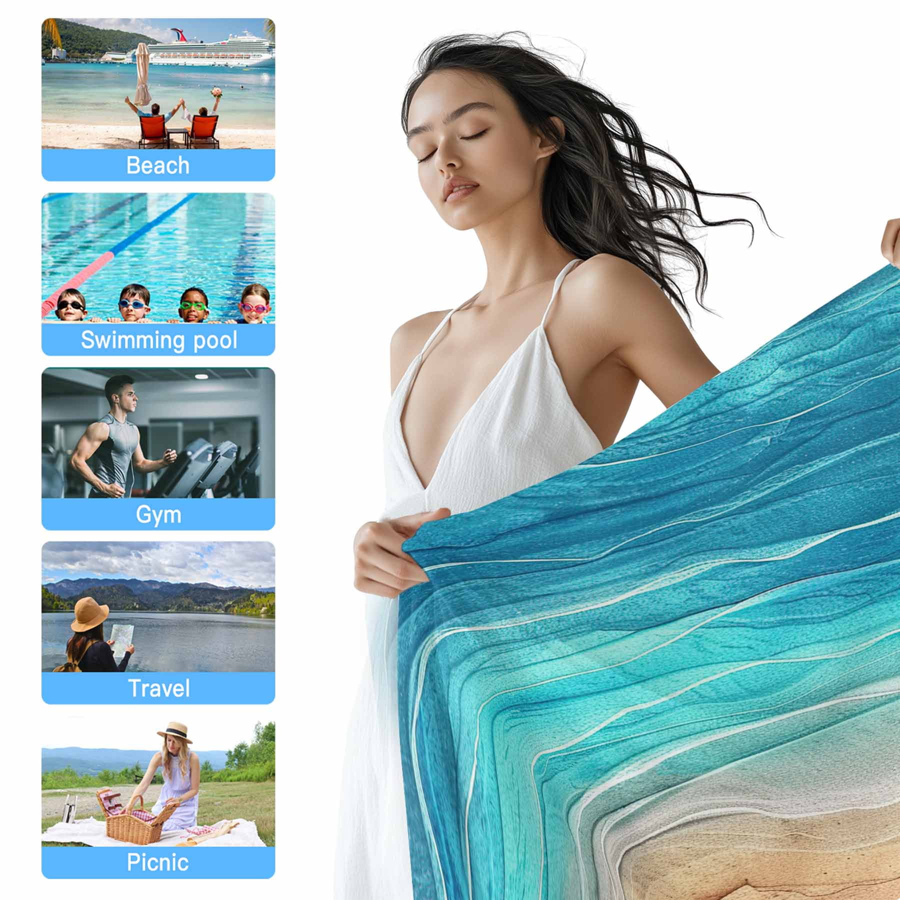 Turquoise Coastal Beach Beach Towels Blanket Soft&Absorbent Quick Dry Microfiber Vintage Gradients Ocean Waves Pool Towels for Swimming ,Yoga, Sports, Gym, Camping,Large 35X70in,