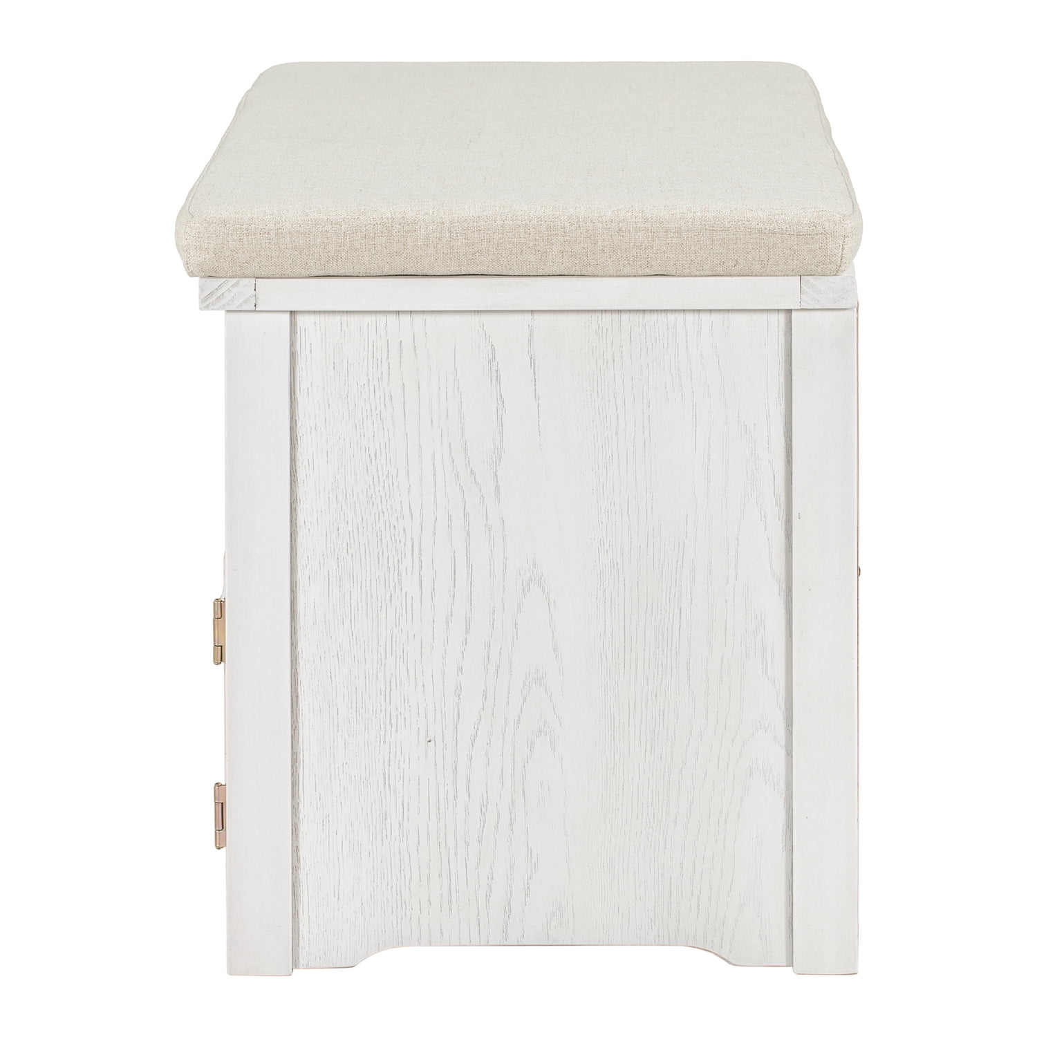 Kadyn Rustic Style Two-Door Storage Bench, Shoe Entryway Bench with Linen Upholstered Top Cushion, Pine Organizer Footrest Bench Ottoman for Entryway, White Kadyn Rustic Style Two-Door Storage Bench, Shoe Entryway Bench with Linen Upholstered Top Cushion, Pine Organizer Footrest Bench Ottoman for Entryway, White