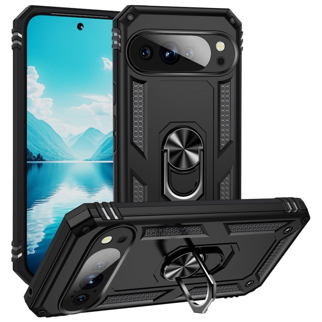 TJS for Google Pixel 10 / 10 Pro Phone Case, Impact Resistant Metal Ring Magnetic Support Kickstand Drop Protector Cover (Black)