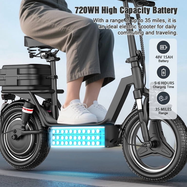 Electric Scooter with Seat, Peak 1200W, 25 MPH and 45 Miles, 14