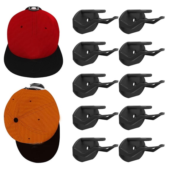 Adhesive Hat Hooks for Wall, 10 Pcs Strong Hat Rack for Baseball Caps, No Drilling Hat organizer for Door, Closet & Home Decor, Space-Saving Cap Holder, Black