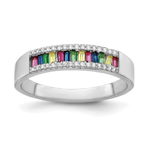 Primal Silver Prizma Sterling Silver Rhodium-plated Baguette Colorful and White Cubic Zirconia Ring