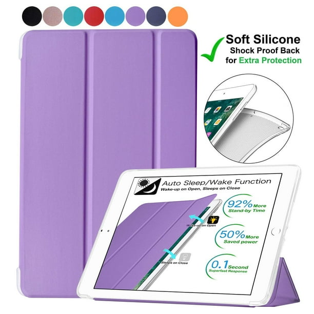 DuraSafe Cases iPad Air 1 2013 Air 2 2014 5 / 6 9.7 Inch [ Air 1st 5th 6th Gen ] A1475 MD785LL/A Smart TriFold Lightweight Soft Silicone Transparent Front & Back Cover - Purple -