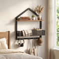 thumbnail image 4 of HOOBRO Industrial 2-Tier Floating Wall Shelf with Hooks & Metal Mesh Guard, Walnut and Black, 4 of 8
