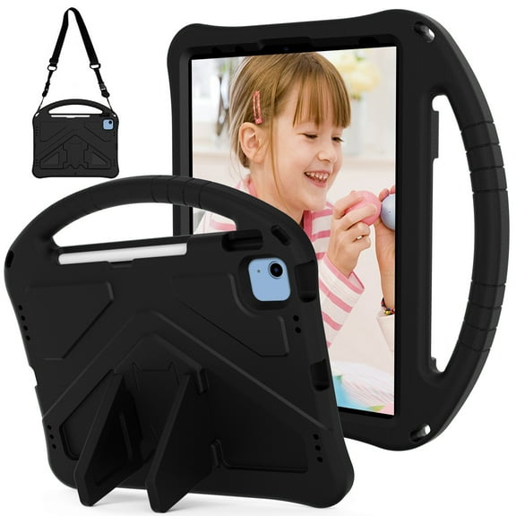 Allytechgroup Kids Case for iPad 11-inch(A16) 2025/ iPad 10th Generation 10.9 Inch 2022, EVA Shockproof Heavy Duty Case with Foldable Kickstand / Handle / Shoulder Strap Kids Friendly Cover, Black