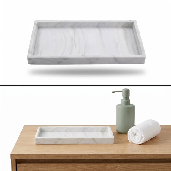 1PCS Bathroom Vanity Tray, Marble Pattern Silicone Organiser Tray for Bathroom Counter, Kitchen Sink & Toilet Tank, Rectangular Decorative Dish for Soap Dispenser, Perfume, Candle & Jewelry Storage