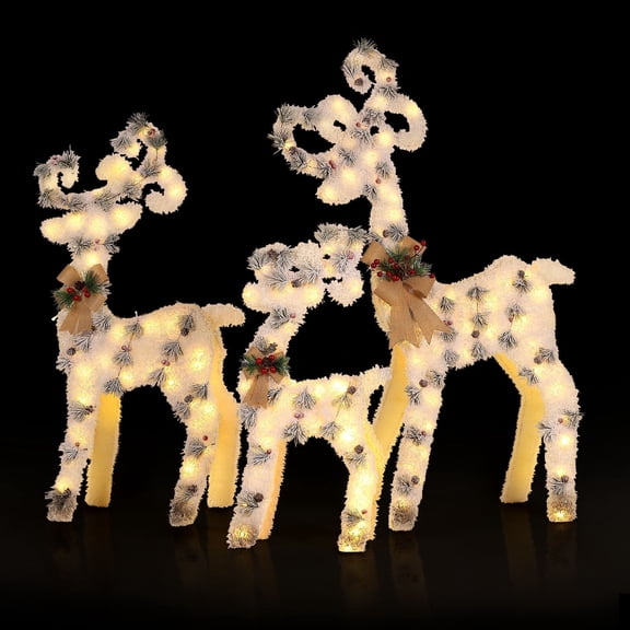 small 3-Piece Lighted Flocked Christmas Reindeer Family Decor – Outdoor/Indoor Snowy LED Yard Figures with Rustic Burlap Bow (Adult   Baby Set, 3 Sizes Included)