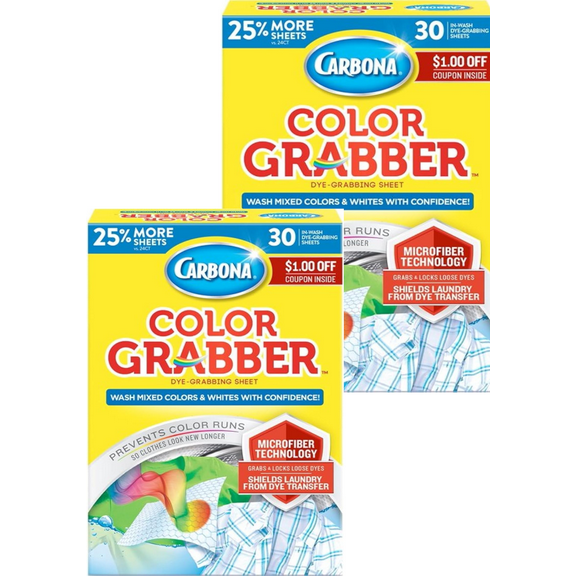 Carbona Color Grabber™ | Protects Laundry From Color Runs or Bleeds | Mix Whites & Colors | In-Wash Dye Grabbing Sheets | 30 Count Per Box, 2 Pack