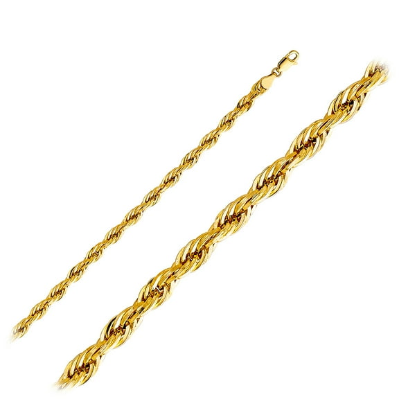 Wellingsale 14k Yellow Gold Polished 5mm Diamond Cut HOLLOW Rope Chain Necklace with Lobster Claw Clasp - 22"