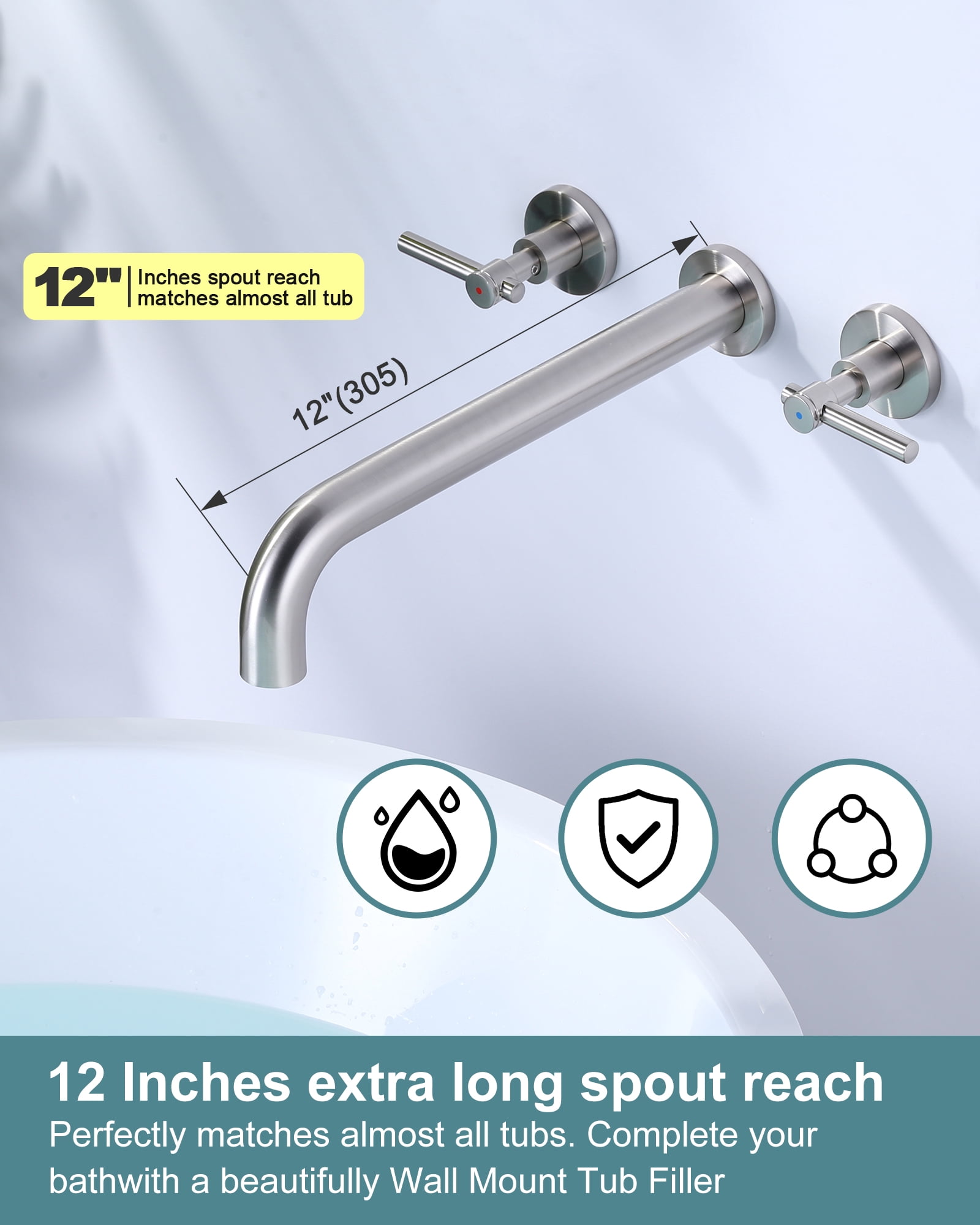 Wowow Wall Mount Tub Filler Faucets,High Flow Wall Mounted Bathtub Faucet with Two Handles and 12" Long Spout, Brushed Nickel