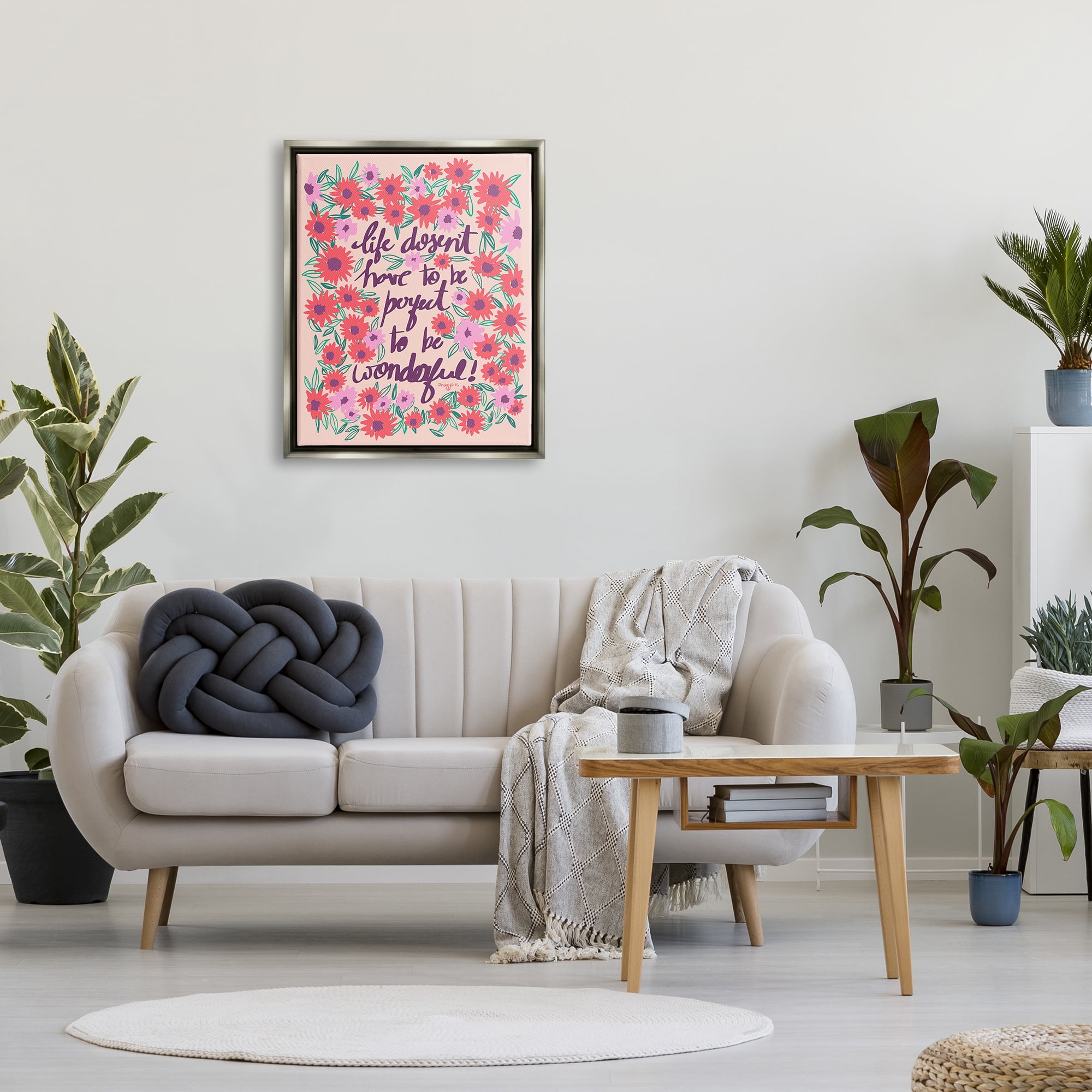 Stupell Industries Uplifting Floral Phrase Botanical & Floral Painting Gray Floater Framed Canvas Art Print Wall Art, 25 x 31