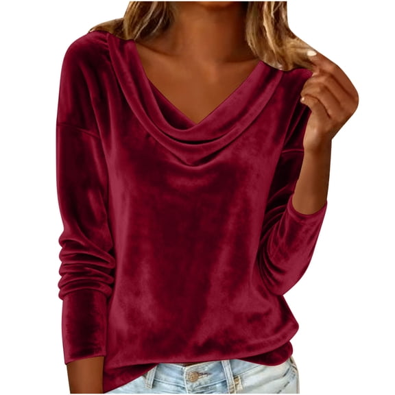 Cowl Neck Velvet Tops for Women Trendy Pleated Long Sleeve Shirts Casual Basic Blouses Spring Summer Going Out Clothing