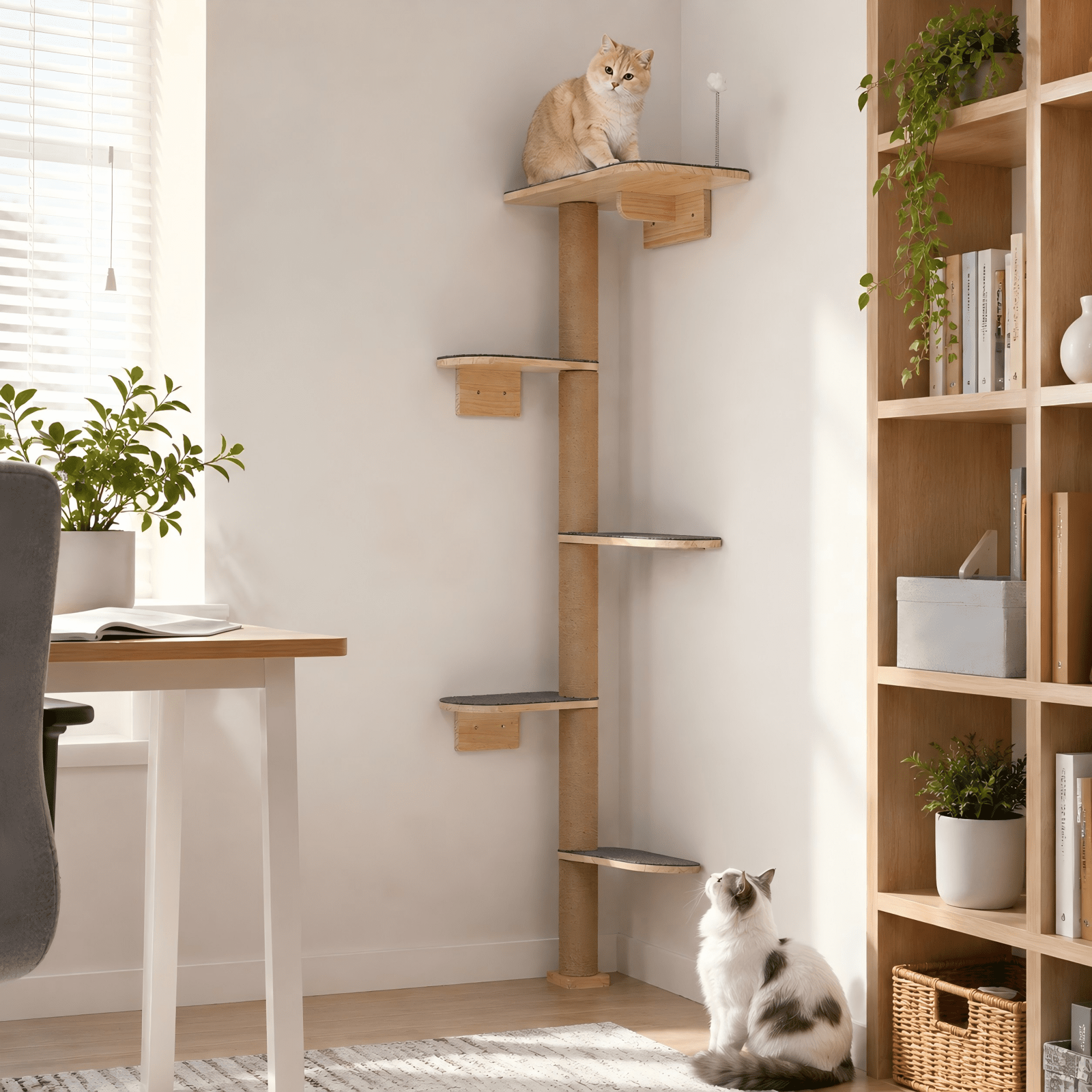 Peluomoz Gray Adjustable Floor to Ceiling Cat Tree with 5 Felt Platforms, Natural Pine Wood, 83 in