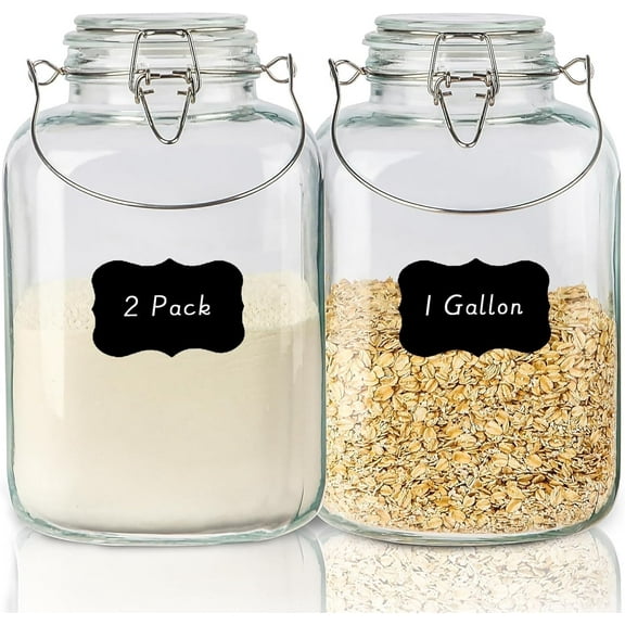 Panzexin 2-Pack 1Gal Glass Storage Jars - Airtight w/Lids & Labels for Flour, Coffee, Canning