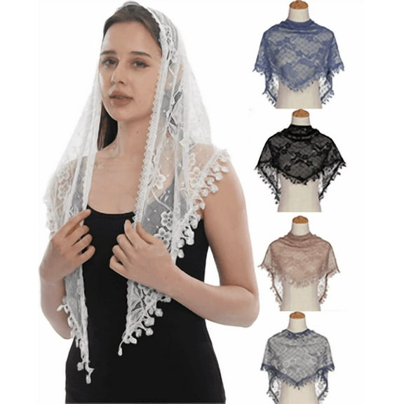 Yoyauz Triangle Lace Mantilla Veil Tulle Scarf Shawl Covering Church Veil for Mass Wedding Bridesmaids