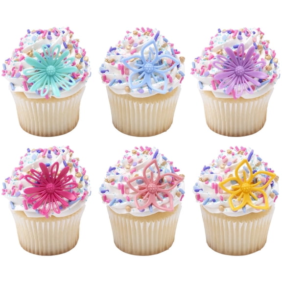 CakeDrake Cupcake Rings Colorful Flower Assortment 12 Count Daisy and Orchid Designs