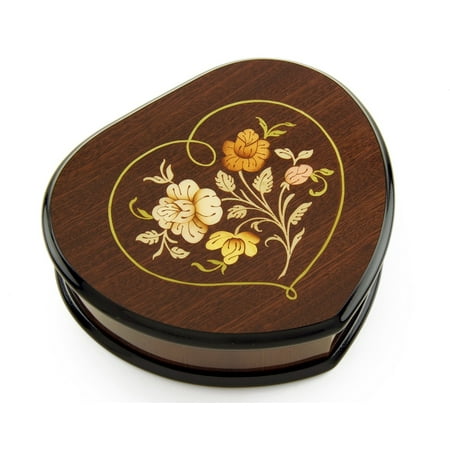 Elegant Wood Tone Heart Shaped Music Jewelry Box with Floral in Heart Frame Inlay Design - Flash Dance