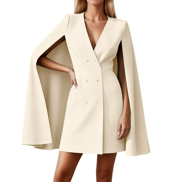 Robes d'Invité de Mariage pour Femmes, Robe Double Cape Décontractée Élégante Tunique de Travail Style Peplum Manches Longues Tenue Formelle d'Affaires avec Col Châle et Poches Latérales pour le Trajet Quotidien