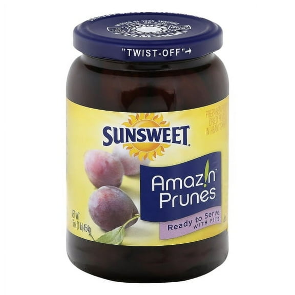 Sunsweet Amazin Prunes with Pits, Ready to Serve, 16 oz Glass Bottle