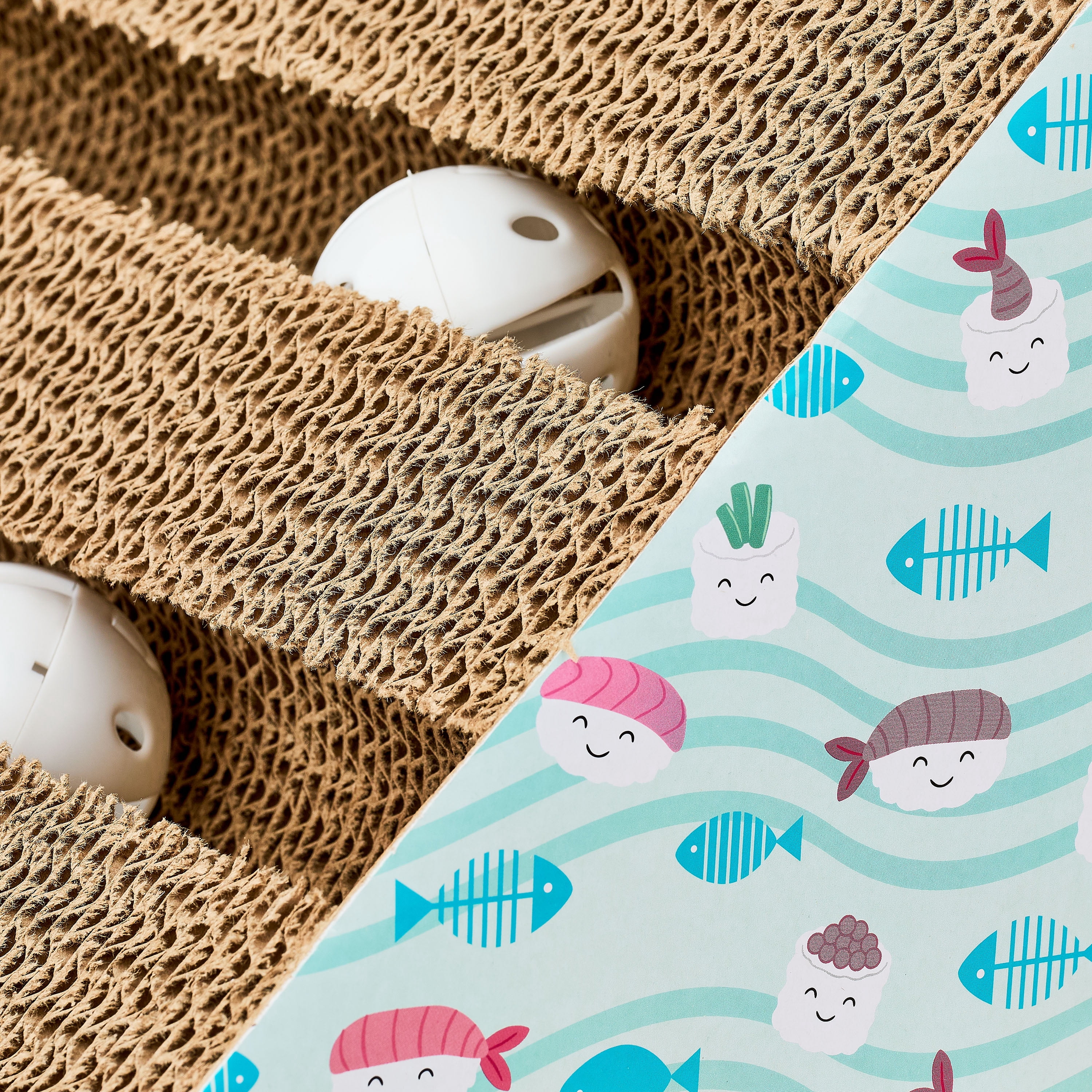 Vibrant Life Cat Scratching Pad, Corrugated Cardboard Activity Center, 3-Sided, Fish & Sushi Print, 7.5" x 10.5" x 7.5"