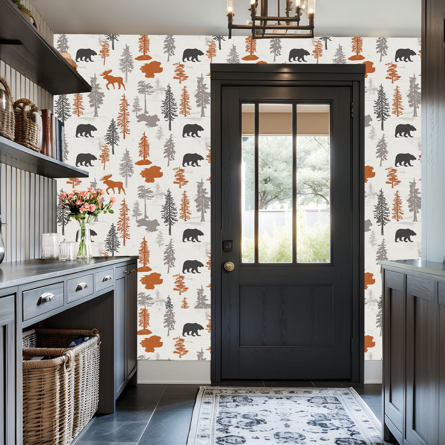 Peel and Stick Wallpaper Forest Wildlife Bear Moose Evergreen Trees Autumn Tones Wall Mural 17.7in x 9.8ft Self Adhesive Removable Wall Paper Renter Friendly Wallpaper for Nursery Bedroom Cabinets