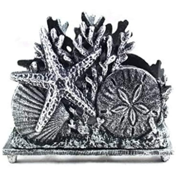 Handcrafted Nautical Decor Antique Silver Cast Iron Seashell Napkin Holder 7" - Decorative Sea Shell - Bea