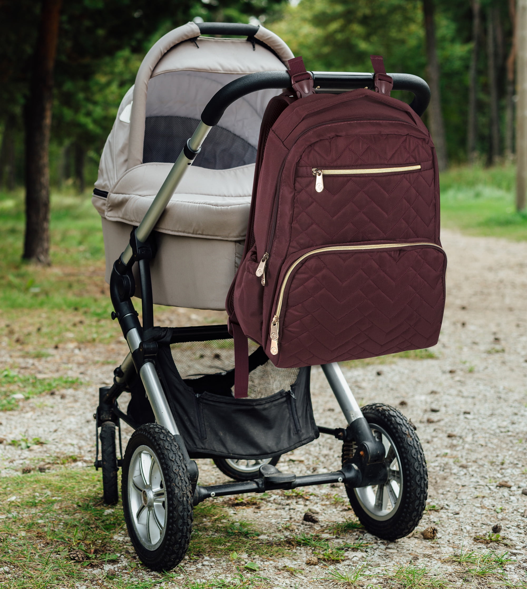 Fisher-Price 17”L Signature Morgan Quilted Multi-Pocket Diaper Bag Backpack with Matching Changing Pad, Insulated Bottle Pocket, Tablet Pocket and Stroller Straps in Burgundy