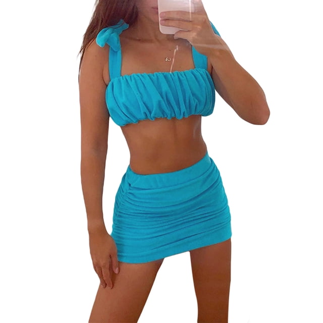 VISgogo, traje de falda para mujer, Color sólido, plisado, correa de doble cara, chaleco ajustado con tirantes + falda de cintura alta, conjunto sencillo de dos piezas VISgogo moda