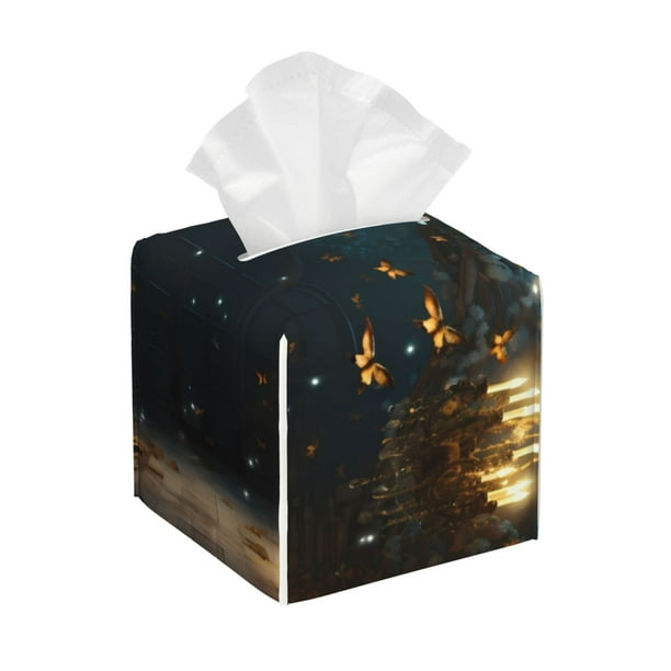 Fotbe Magical Library Butterfly Night Porta Pañuelos Decorativo de Cuero, Caja Cuadrada Moderna para Pañuelos Faciales, Organizador y Dispensador 5x5x5''
