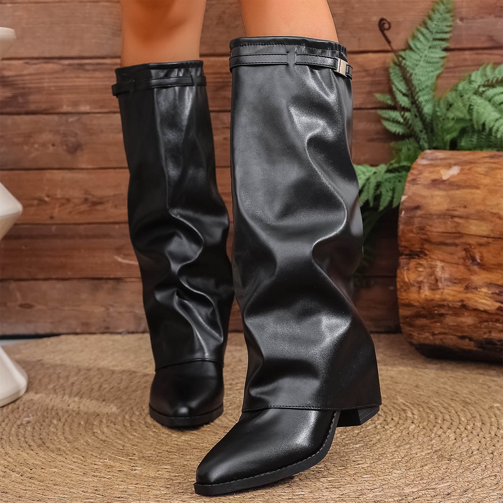 【42】【GRANCY】Fold-over Leather Shoes Fold over Knee High Boots for Women Slouchy Leather Pointed Toe