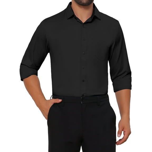 INSPIRE CHIC Men's Shirt Point Collar Long Sleeve Button Solid Color Business Dress Shirt M Black