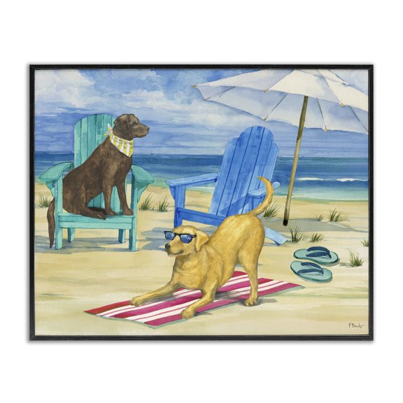 Stupell Industries Dogs on Beach Towel Animals & Insects Painting Black Framed Art Print Wall Art, 30 x 24