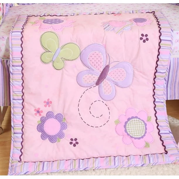 Sweet Baba 4 Piece Cotton Butterfly Crib Bedding Set,Pink Crib Set for Baby Girls,Microfiber Printed Nursery Set Including Comforter/Skirt/2 Crib Sheets