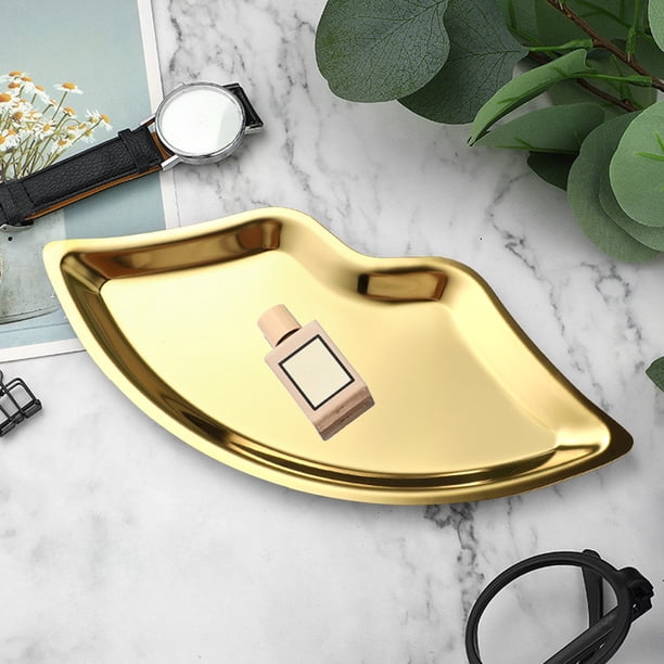 Bandeja de almacenamiento de joyas para niñas | Organizador de acero inoxidable en forma de labio | Bandeja de tocador metálica decorativa para dormitorio, baño, encimera de cocina | 9,45 x 4,33