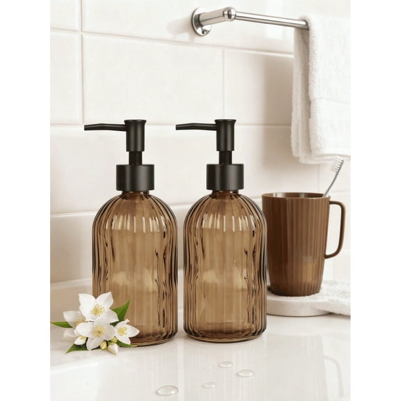 2 Pack 400ml Amber Glass Soap Dispenser Bottles, Rust-Proof Black Pump Refillable Liquid Container for Hand Soap, Lotion, Dish Soap, Kitchen & Bathroom Countertop Decor