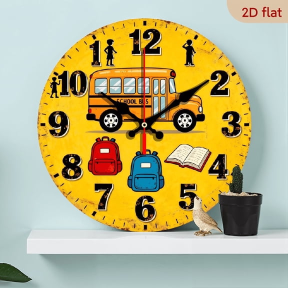 A 10-inch 2D flat "School Bus" themed wooden silent wall clock. It is an excellent choice for Halloween/Easter/Christmas gifts and is suitable for modern home decoration art.