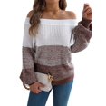 thumbnail image 3 of Women Crochet Knit Casual Color Block Off Shoulder Trendy Sweaters Pullover Lantern Sleeve Warm Tops Coffee M, 3 of 9
