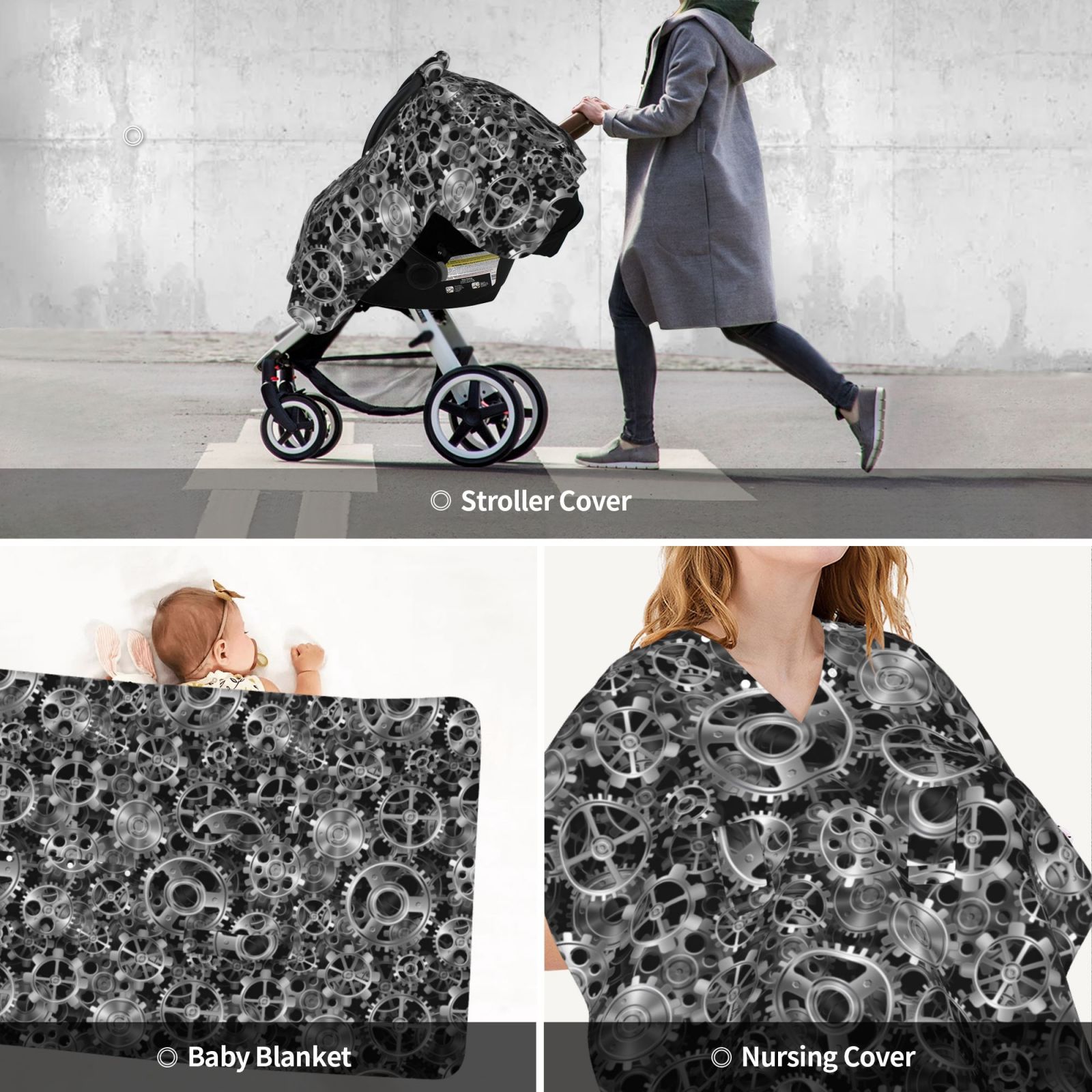 Car Seat Cover Baby - Gear Pattern Breathable Infant Car Seat Cover for Baby Carseat, Lightweight Comfort Baby Essentials Must Haves Newborn Stuff for Girl Boy