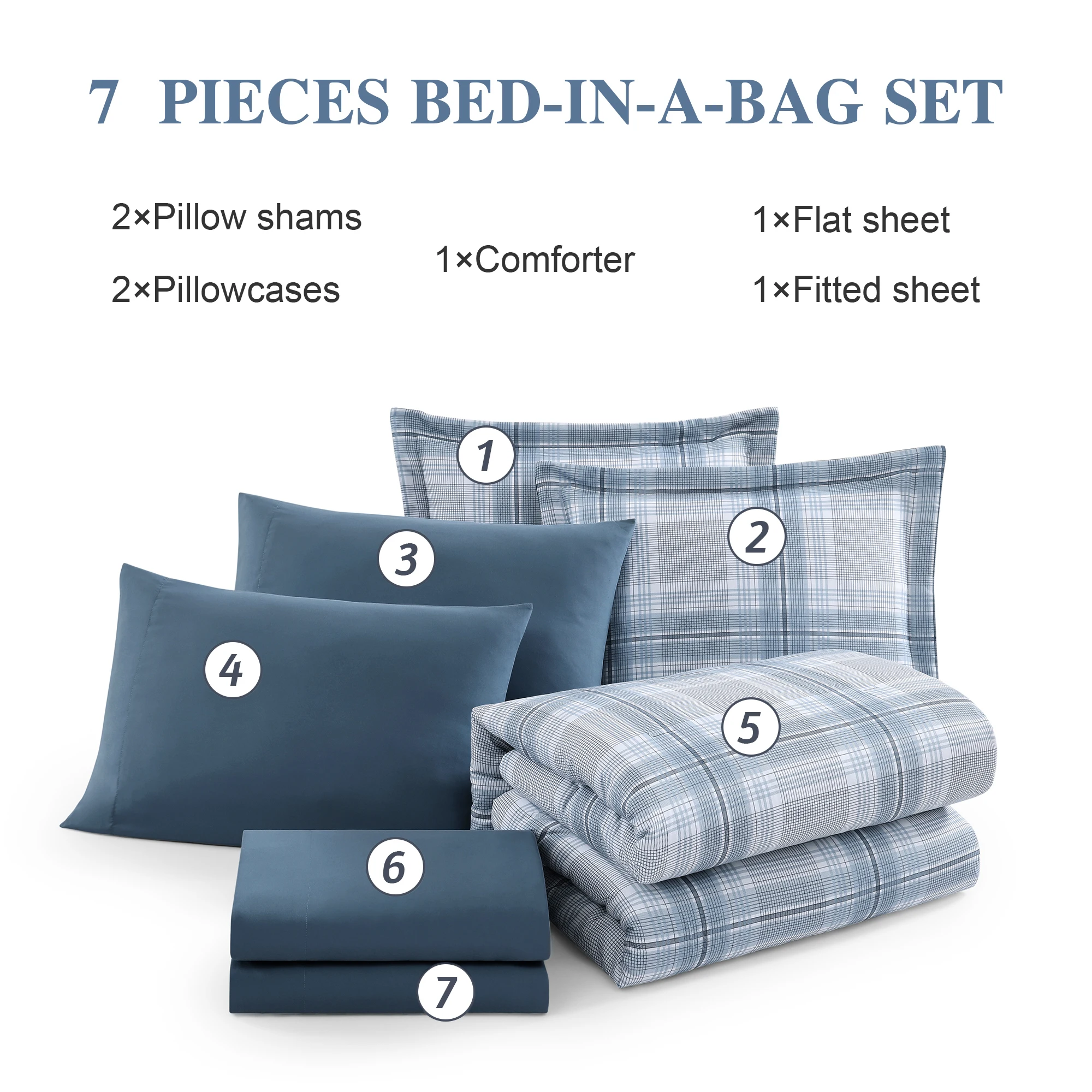 Amberspace Reversible Checkered 7-piece Bed in a Bag Comforter Set with Sheets,Light Blue,Full