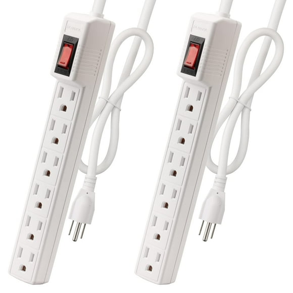 Power Strip PLUGTUL 6 enchufes, paquete de 2 con cable de 2 pies, 1875 W/15 A