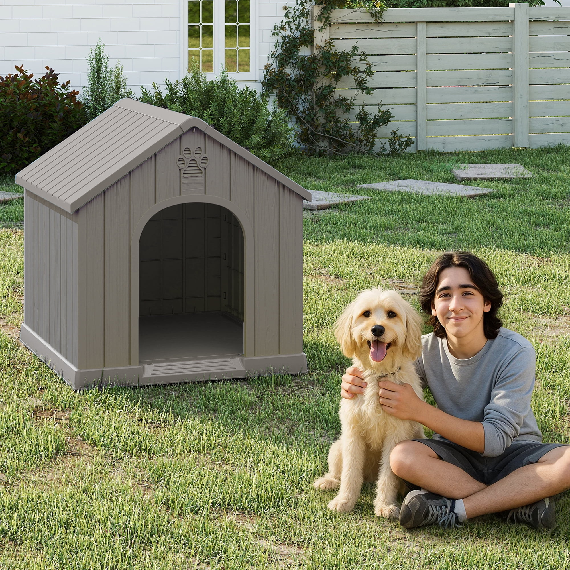 FICARTS Indoor/Outdoor Weather-Resistant Dog House, Elevated Pet Shelter with Sloped Roof & Ventilation, Durable Dog Kennel for Medium to Large Dogs