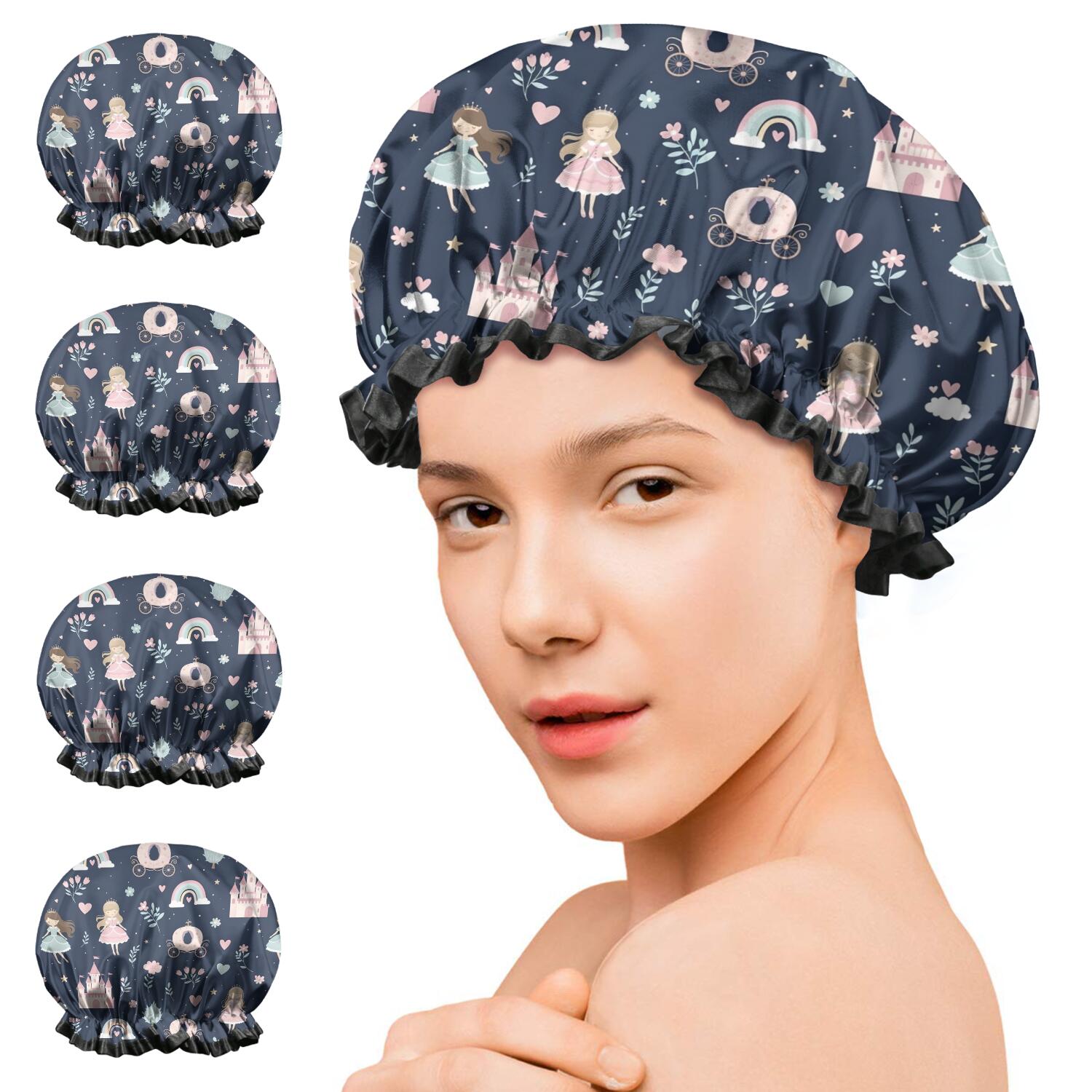 Shower Caps,Navy Princess Castle Pattern Waterproof Shower Cap for Women 4 Pieces,Double Reusable Hair Cover for Shower PEVA Elastic Stretch Hem